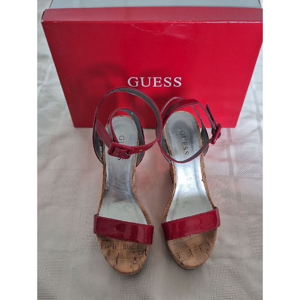 GUESS Red Patent Leather Cork Wedge Sandals